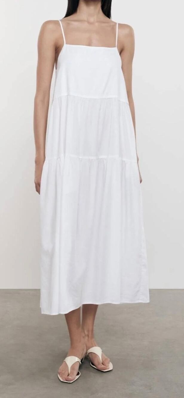 Enza Costa White Strappy Tiered Midi Dress Cotton Beach Coastal Women's 1 Small